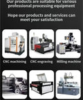 Image displaying various professional processing equipment including CNC machining, CNC engraving, milling machine, lathe, laser engraving, and wire cutting.