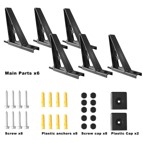 Beefy Wall Mounted Snowboard And Ski Rack Stash Up To Three Boards Horizontally Inside Your Garage Using Durable Plastic Multi Sport Gear Holder Home Organization hardware kit with six black plastic supports and installation screws.