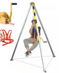 Heavy Duty Pulley Hoist Aluminum Rescue Tripod Worksite Ready Lift Kit with person using self-locking winch, steel cable, and safety belt
