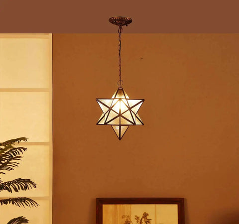 Moravian Star Tiffany Style Stained Glass Ceiling Pendant Lamp With 12 Inch Lampshade And 51 Inch Tall Iridescent Glass For A Cool Vintage Vibe