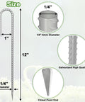 Diagram of 12 Inch Rebar Stakes with J Hook showing 1/4 inch diameter, galvanized steel, and chisel point end features.