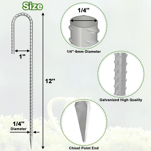 Diagram of 12 Inch Rebar Stakes with J Hook showing 1/4 inch diameter, galvanized steel, and chisel point end features.