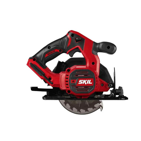 Ultra Compact 12v Brushless Circular Saw equipped with a rugged 5 half inch thin kerf carbide blade in red and black design.