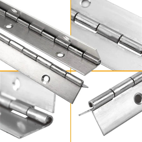 Premium 6 Inch Heavy Duty Piano Hinge Set Built Tough From 304 Stainless Steel shown in multiple angles with mounting holes.
