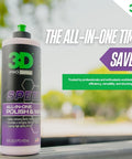 All In One Car Polish And Wax That Corrects Scratches And Swirls Provides Clear Coat Safe Sealant And A High Gloss Finish Easy One Step Application 16oz Made In USA bottle on railing
