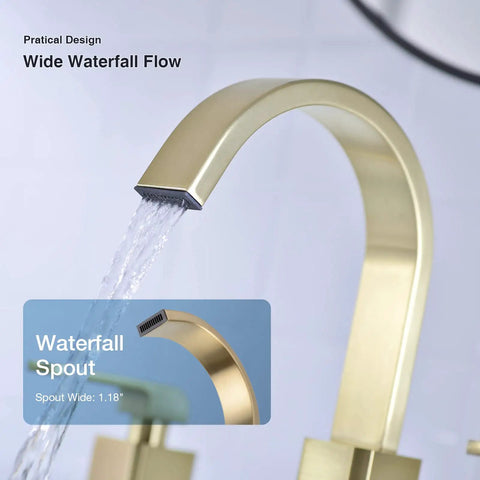 Close-up of Sleek Brushed Gold 8 Inch Deck Mount Bathroom Faucet With 3-Hole Brass Square Waterfall Aerator, 2-handle design.