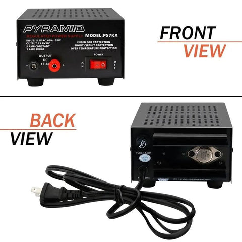 Front and back view of Beefy Benchtop 5 Amp Linear Regulated Power Supply For Home Lab Or Workshop AC To DC Converter Delivers Clean 12V DC Output With Optional 13.8V Rail 115V AC 70W Input