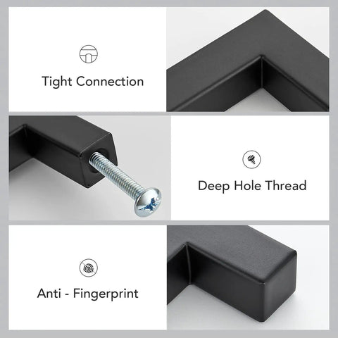 "Matte Black Square Cabinet Handles Set for Kitchen Drawers 7.5 Inch Hole Centers 8 Inch Total Length 1.4 Inch Diameter, Stainless Steel, Rust Resistant, 30 Pack, Easy Clean, Sleek Pro Grade Hardware showing tight connection, deep hole thread, and anti-fingerprint details."