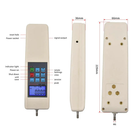 Digital Force Gauge 100N Capacity Handheld Dynamometer For Push Pull Testing With USB Data Output 3 Units N Kgf Lbf 447 Test Storage Auto Peak Modes High Resolution Sensor Easy Data Export, front and side views with dimensions