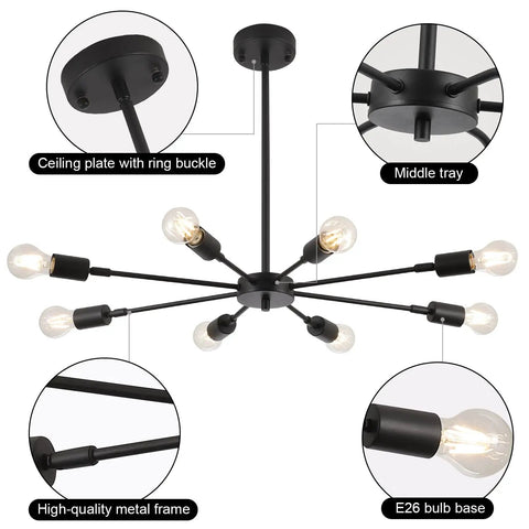 Dope Modern Sputnik 8-Light Industrial Matte Black Chandelier With 180 Degree Rotatable Lamp Cups for ceiling.