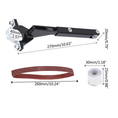 Khbyt Electric Belt Grinder Attachment Transforms Angle Grinder Into Versatile Sanding And Polishing Machine With Angled Adapter, includes part sizes.