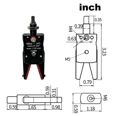 Mini Pneumatic Parallel Gripper J1060 With Extended Jaw technical drawing and dimensions