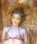 Top Shelf Anti Glare Night Vision Polarized Aviator Sunglasses Decked Out In Sleek Gold Frames And Bright Yellow Lenses Made For Easy Night Cruising And Cutting Through Blinding Headlight Flares Up That Truly Rock worn by model with long blonde hair and sequined outfit.