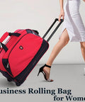 Rolling Duffle Bag With Wheels 22 Inch Weekender Carry On Luggage Expandable From 50L To 60L Red For Men And Women next to person walking