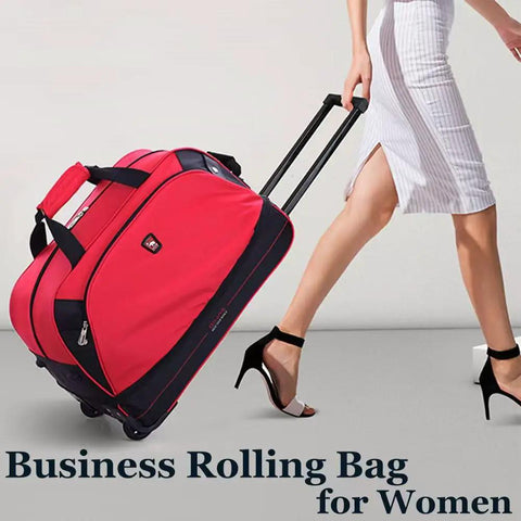 Rolling Duffle Bag With Wheels 22 Inch Weekender Carry On Luggage Expandable From 50L To 60L Red For Men And Women next to person walking