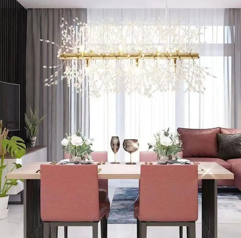 Crystal Bubble Sputnik Chandelier With Dope Firework Lights in a modern dining room setting, showcasing luxe rustic glam design.
