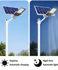 JUDYSSY 1000W Solar Street Lights Outdoor showing solar panel charging by day and lighting at night.