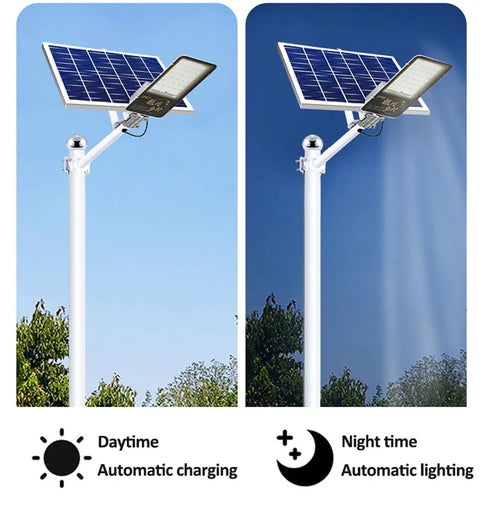 JUDYSSY 1000W Solar Street Lights Outdoor showing solar panel charging by day and lighting at night.