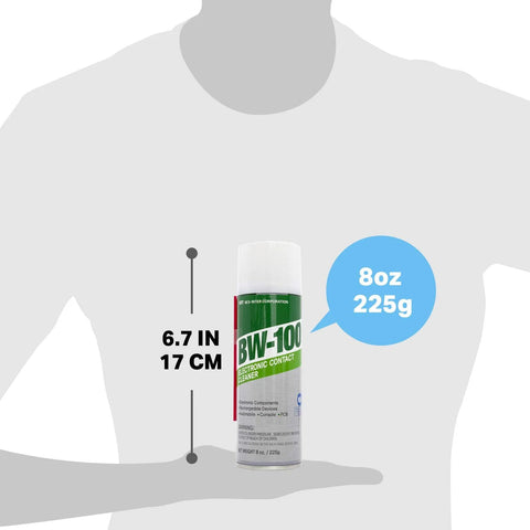 Front view of BW-100 electronic contact cleaner aerosol can, 8 oz (225 g), green label.