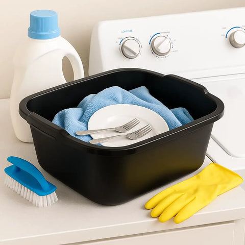 18 Quart Plastic Dishpan Built Tough For Home Kitchens And Laundry Cleanups, Black Multi Purpose Wash Basin Tub with dishes and cloth