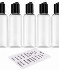 5 Pack 3.4 Oz Travel Bottles With Labels Leakproof Plastic Containers TSA Approved Travel Size with disc-top lids.