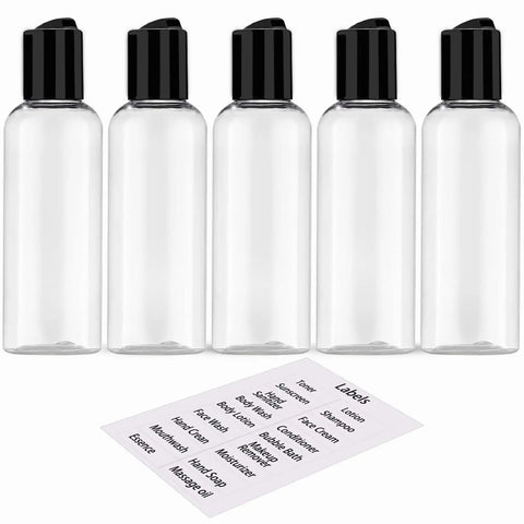 5 Pack 3.4 Oz Travel Bottles With Labels Leakproof Plastic Containers TSA Approved Travel Size with disc-top lids.