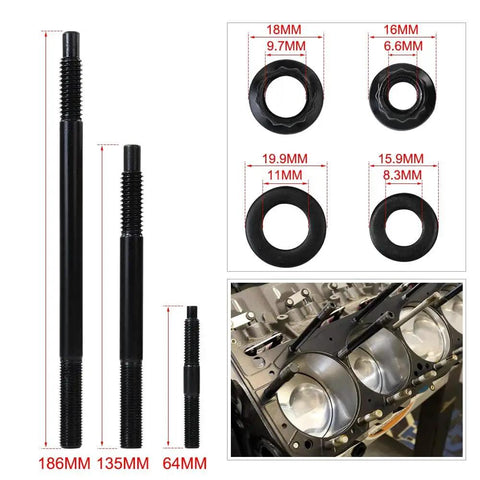 Image showing 12 Point Cylinder Head Studs Kit with various sizes of studs, washers, nuts, and close-up of Chevy LS engine installation.