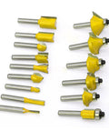 Router Bit Set Fifteen Piece One Quarter Inch Shank With Three Bearings For Woodworking DIY Kit laid flat on white background