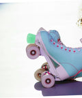 Light green PU brake pad on quad skate, highlighting Toe Stop Replacement Pair For Quad Skates With PU Brake Pads No Fuss Install.