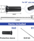 Diagram of Stainless Steel T316 Protective Sleeves for 1/8 inch wire rope, includes 60 sleeves and 1 drill bit with measurements.