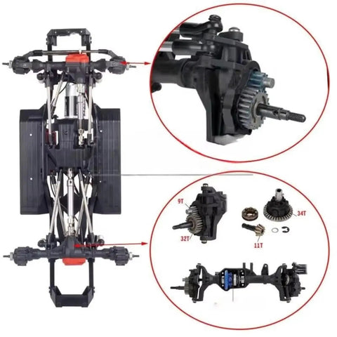 TRX-4 1/10 Scale RC Crawler Chassis Frame With 313mm Wheelbase And Differential Portal Axle Beefed Up High Low Speed Gear Durable Nylon CNC Frame Upgrade For Crawler Car Without Tires showcasing axles and gears details.