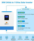 Front view of 3000W 24V all-in-one solar inverter with 80A MPPT solar charger and 40A AC battery charger, pure sine wave 120V AC.