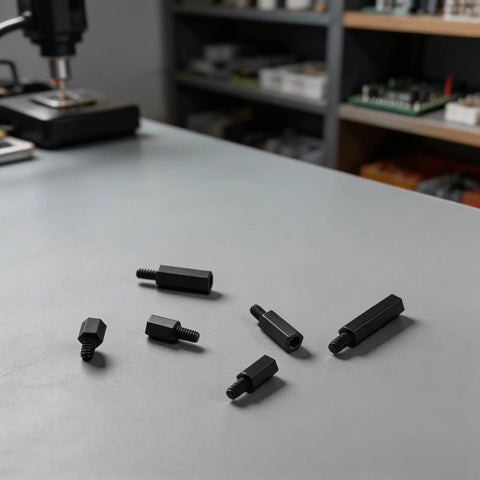 180Pcs M3 Black Hex Nylon Standoff Spacer Nut Kit With Screws And Nuts Male To Female Spacers From 6mm To 20mm Dope Hardware Set For FPV Drones And Electronics Builds black nylon hex spacers on workbench