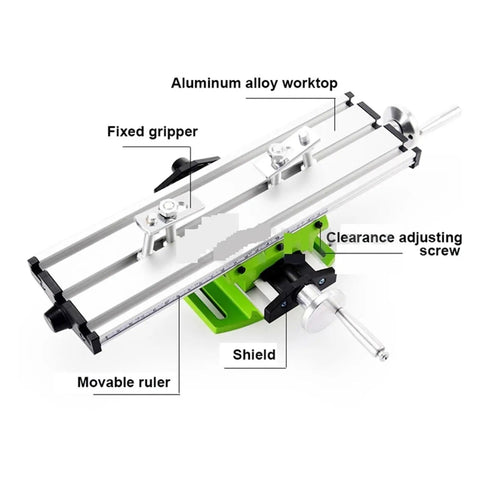 Durable Metal Bench Drill Vise With X And Y Coordinate Adjustment. Versatile fixture with aluminum alloy worktop and adjustable ruler.