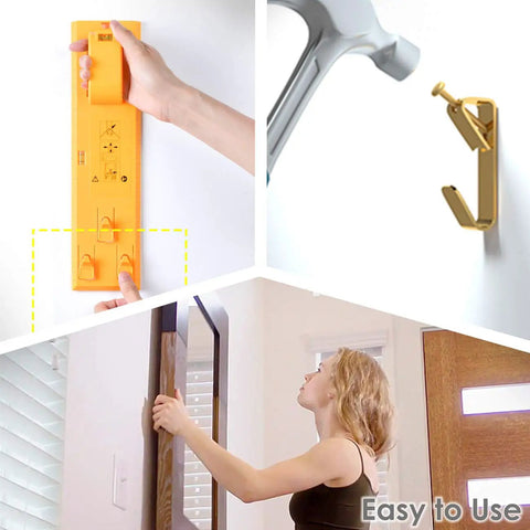 Heavy Duty Picture Hangers And Hooks That Hang Heavy Frames Without Any Drama No Sweat Setup With Included Metal Nails For Quick Wall Art Display and Mirror Mounting, showing easy setup and use.