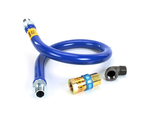 1 Inch By 48 Inch Gas Hose With Quick Disconnect For Grills And Appliances, shown coiled with connectors, OEM-grade blue