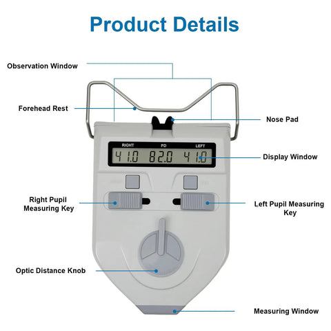 Digital Pupilometer With LCD Display And Memory PD Meter For Eyewear Fitting Pupillary Distance Tool Precision Optical Instrument 45 To 82mm Great For Eye Pros And Shops Quick Readouts Memory Recalls Last Five PD Measurements Easy Onehanded. front view with labeled display, keys, and forehead rest