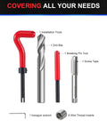 Front view of Kolvoii M14x1.5 thread repair kit with HSS drill bit, screw taps, breaking pin tool and thread inserts