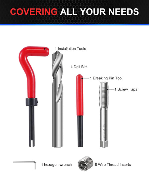 Front view of Kolvoii M14x1.5 thread repair kit with HSS drill bit, screw taps, breaking pin tool and thread inserts