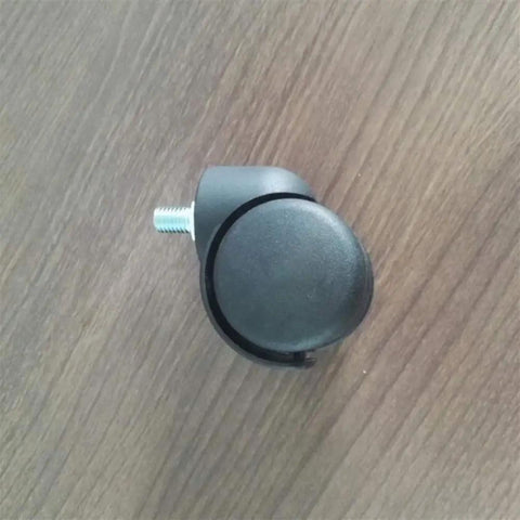 Slick Black Twin Wheel Swivel Casters With M10 Threaded Stem showcasing a 2-inch plastic wheel on a wood surface.