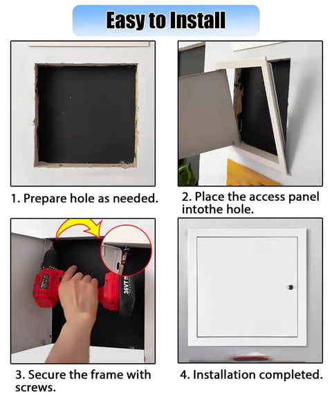 Heavy Duty Aluminum Attic Access Hatch Panel With Solid Lock And Key Smooth Flush Mount installation steps on a wall.