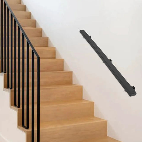 Heavy Duty Stainless Steel Wall Mount Handrail With Sick Grip For Stairs And Bathroom Walls, mounted on a staircase wall.