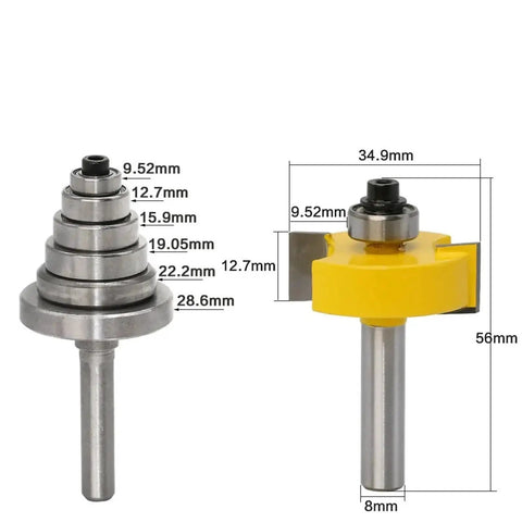 Heavy Hitter Rabbet Router Bit Set With Six Precision Cnc Woodworking Cutters Quarter Inch And Eight Millimeter Shank Picks, detailed tool dimensions.