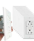 Hand holding 20 Amp Weather Resistant GFCI Duplex Wall Outlet With LED Indicator Self Test Reset Feature Tamper Resistant Receptacle UL Listed Decor Wall Plate Included Ideal For Kitchen Garage And Basement Wiring, with additional outlets stacked behind.