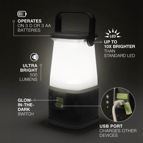 WeatherReady LED Camping Lantern Pro 360 IPX4, ultra-bright 500 lumens, USB port, glow-switch, battery-operated tent light