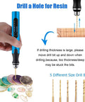 Blue handheld electric resin drill kit with five drill bits and deburring tool for resin jewelry making.