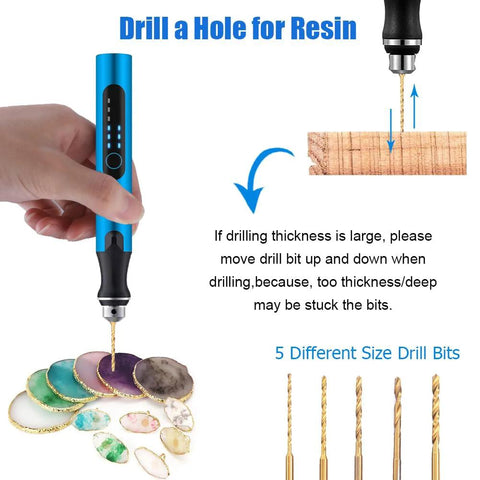 Blue handheld electric resin drill kit with five drill bits and deburring tool for resin jewelry making.