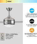 Treviento 52 Inch LED Indoor Ceiling Fan With Energy Efficient LED Light Kit Contemporary Satin Nickel Finish Downrod