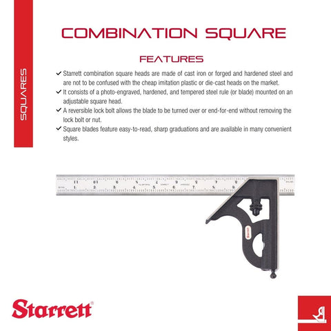 Steel Combination Square With Square Head, 12-Inch Blade, Cast Iron Heads, Reversible Lock Bolt, Spirit Level, 16R Graduation.
