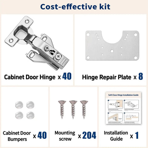 No Nonsense Soft Close Cabinet Hinges For Half Inch Overlay Kitchen Cupboards With 105 Degree Face Frame Concealment featuring 40 soft close hinges and installation guide.
